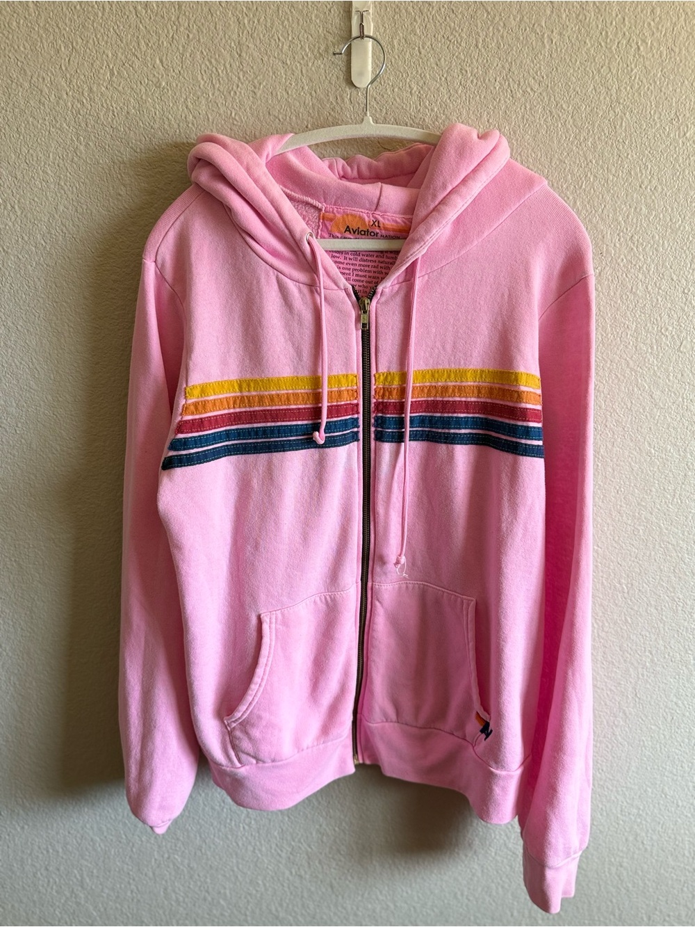 Aviator Nation Pink Zip Hoodie with Multicolor Stripes Size XL Loungewear